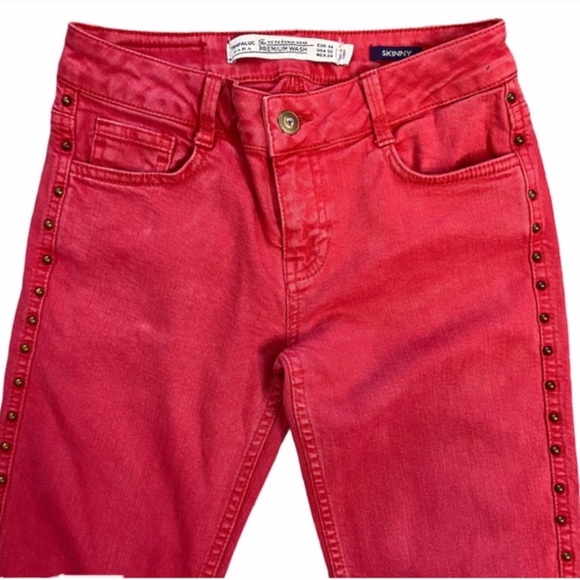 Zara Premium Wash Skinny Studded Jeans Red 2